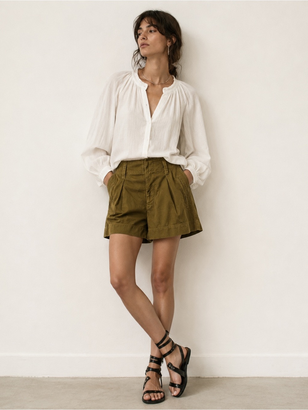 Isabel Marant Etoile High Rise Pleated Cotton Utility Shorts Olive Green Sz 38
